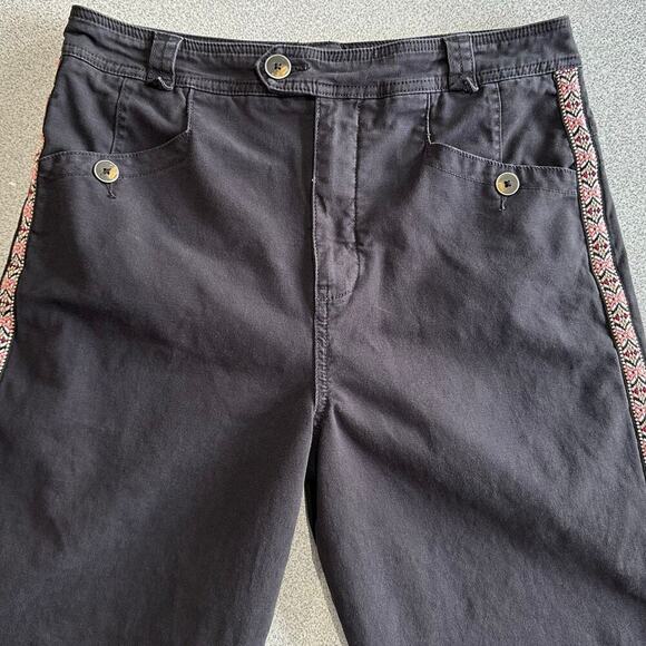 Anthropologie Sz 10 Embroidered Side Stripe Black Straight Leg Pants Aztek Boho - Picture 5 of 14
